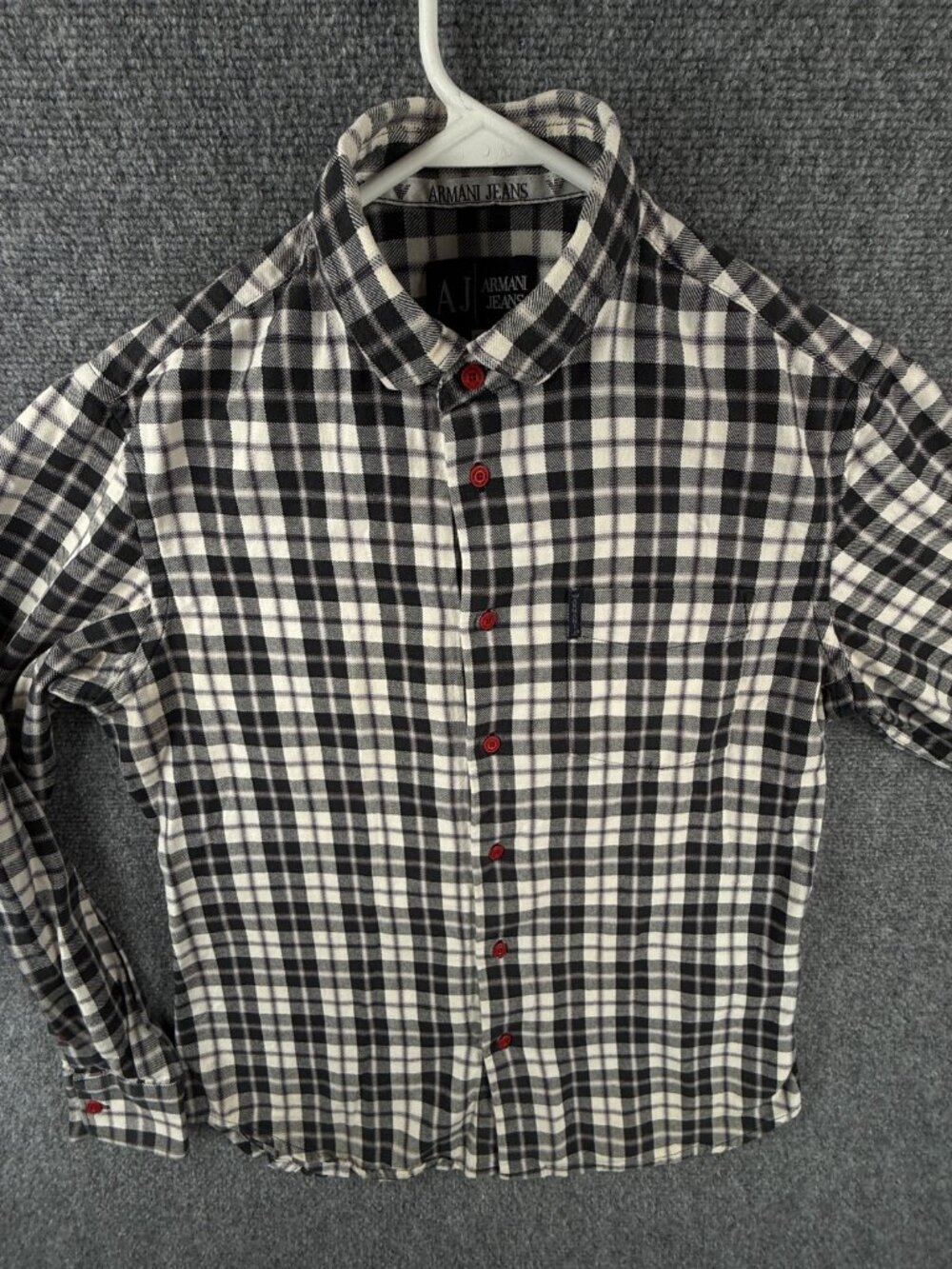 Armani Jeans Small Flannel Black White Plaid Button Up Shirt Men Long Sleeve